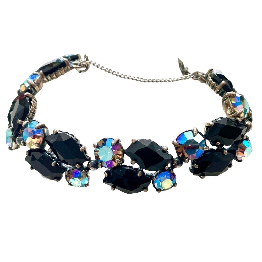 Schiaparelli Bracelet + Earrings Set Aurora Borealis AB Black Rhinestones VTG - Picture 4 of 15